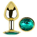 Анальная пробка EGZO Gold Round Plug S с зеленым кристаллом, гладкая металлическая основа - мініатюра 1